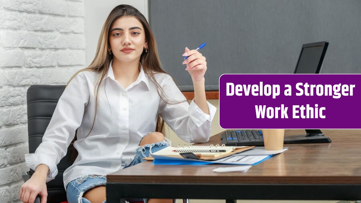 A beautiful girl sitting behind the desk and holding pen while looking at the camera.