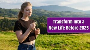 Beautiful blonde woman holding camomiles, carpathian mountains background.